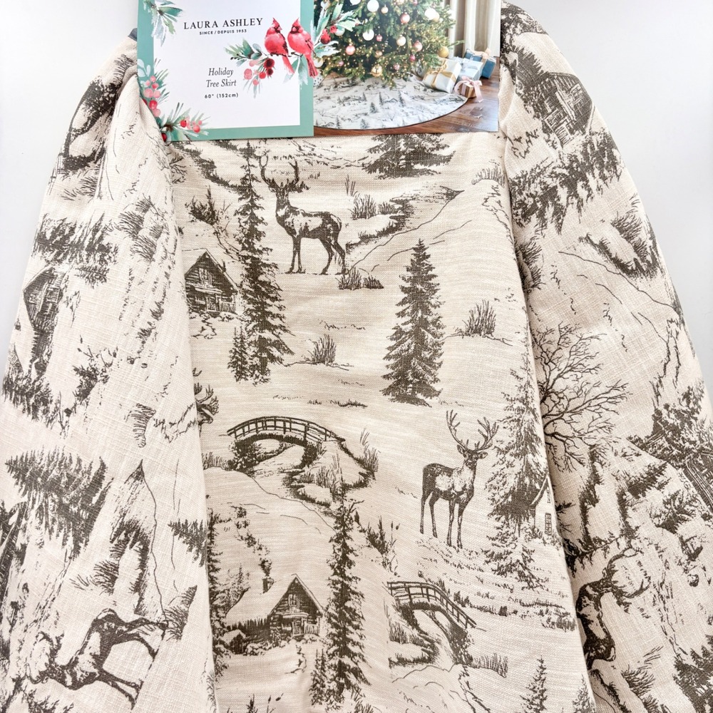 Laura Ashley Holiday Tree Skirt 60 Inch Winter Scene Deer Toile Grey Natural NEW